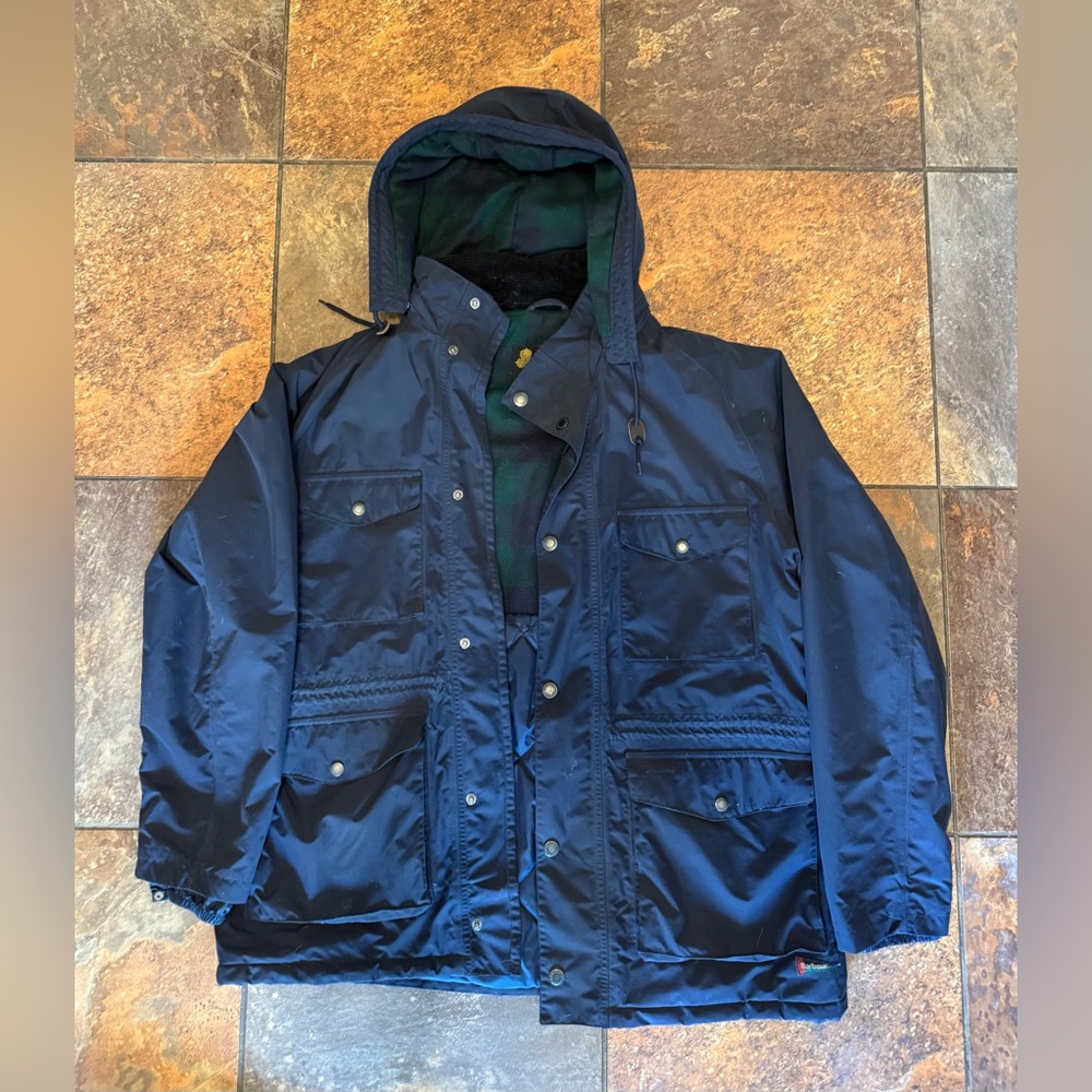 Barbour Dark Blue Jacket with Green Plaid Interior